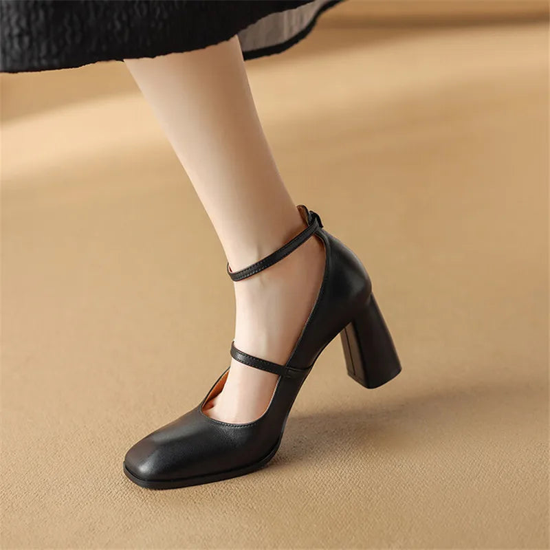 Lizakosht 2024 Spring/summer Mary Jane Shoes Genuine Leather Women Shoes French Square Toe Chunky Heel Shoes Women High Heels Women Pumps