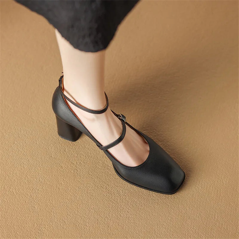 Lizakosht 2024 Spring/summer Mary Jane Shoes Genuine Leather Women Shoes French Square Toe Chunky Heel Shoes Women High Heels Women Pumps