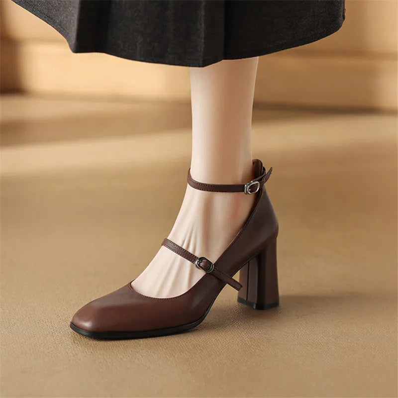 Lizakosht 2024 Spring/summer Mary Jane Shoes Genuine Leather Women Shoes French Square Toe Chunky Heel Shoes Women High Heels Women Pumps