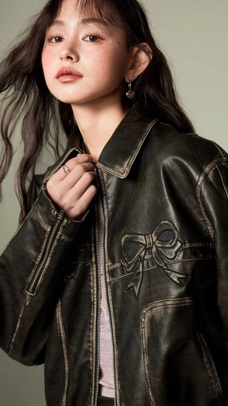 Lizakosht - new Y2K Korean Harajuku sweet cool bow retro rubbing black leather coat motorcycle spice girl fashion slim coat street wear