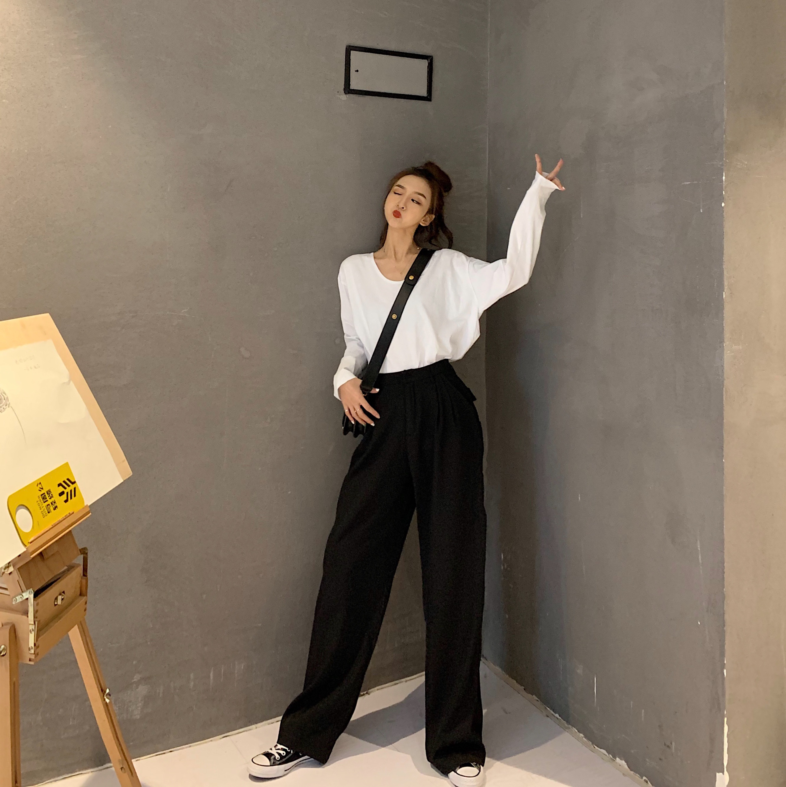 Retro Solid Color Wild Straight Wide Leg Pants Female Spring New Korean Fashion High Waist Casual Long Pants