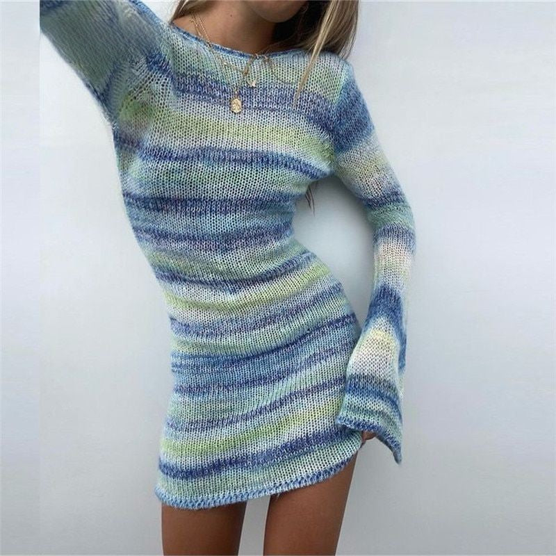 Lizakosht  Tie Dye Mini Knitted Sweater Dress Women Long Sleeve Autumn Outfits Sexy Backless Beach Bodycon Dress Winter Clothing