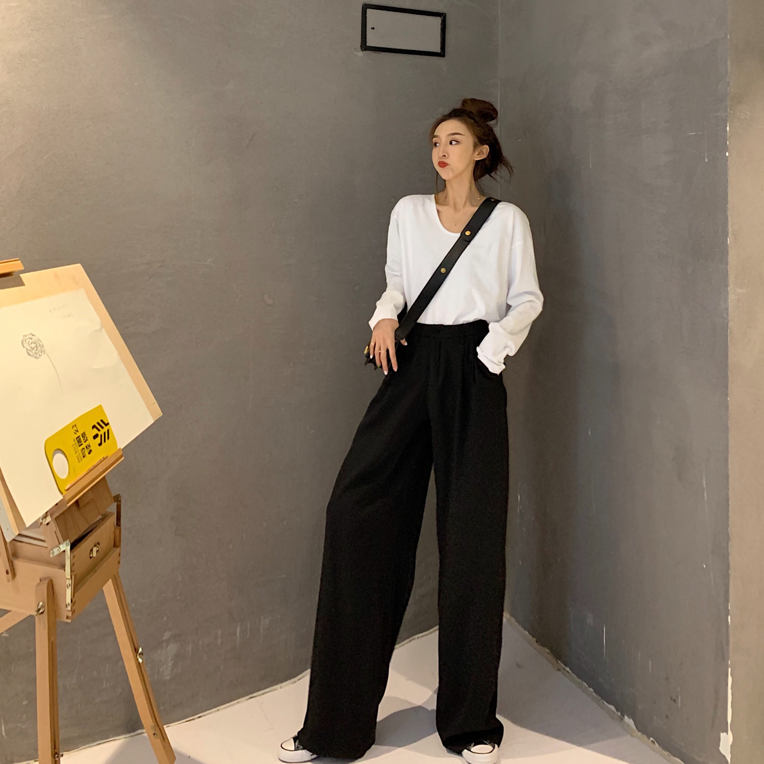 Retro Solid Color Wild Straight Wide Leg Pants Female Spring New Korean Fashion High Waist Casual Long Pants