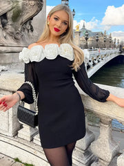 Lizakosht Elegant 3d Flower Slash Neck Mini Dress For Women Fashion Long Sleeve Solid Bodycon Dresses 2024 Female Fashion Streetwear Robes