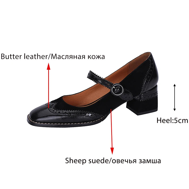 Lizakosht Genuine Leather Mary Jane Women's Shoes Fashion Retro Buckle Shallow Pumps Square Toe Thick Heel Handmade Shoes Woman Size 34-40