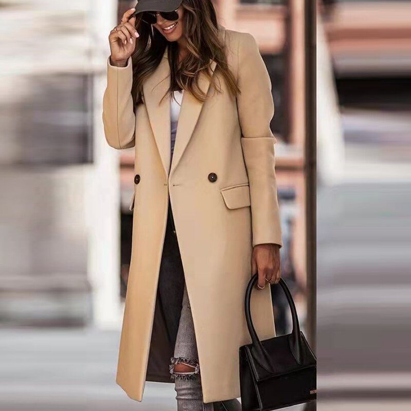 Lizakosht  Autumn Winter Women Solid Casual Long Coat Elegant Lapel OL Commuter Blazer Fashion Single Breasted Lined Pocket Slim Outerwear