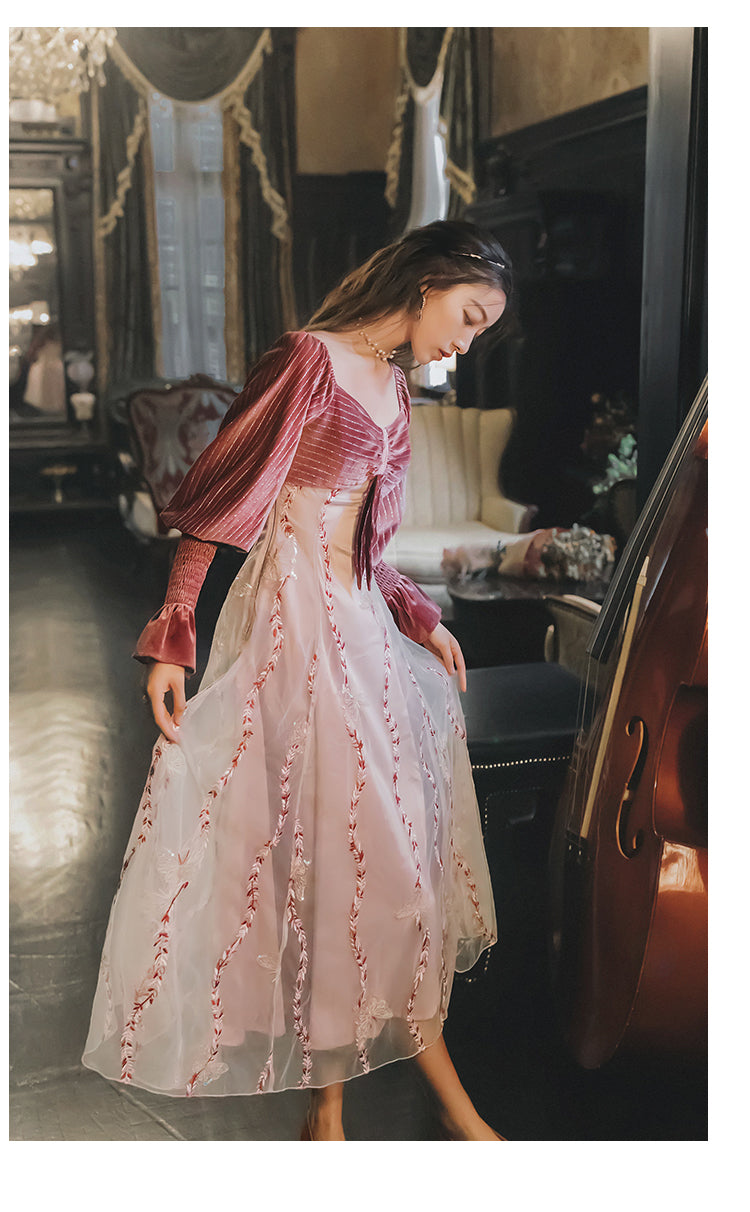 Lizakosht new Autumn Winter Women Vintage French Rural Style Long Sleeve Lace Floral velvet Long Princess Dress