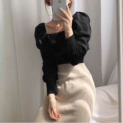 PERHAPS U Women Apricot Black Pullover Square Collar Knitted T-shirt Puff Long Sleeve Top B0715