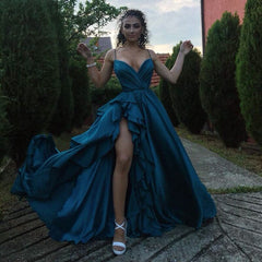 Lizakosht Elegant Turquoise V-Neck Satin Ruffles Prom Dress Hot Sale Spagetti Straps A-Line Long Evening Dress Plus Size Party Dress