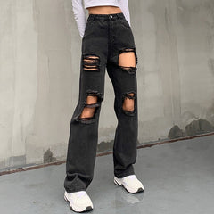 Cool Black Ripped Jeans Mid-Waisted Trousers Wide Leg Pants Pockets Casual Punk Streetwear Female 2022 Korean Style Lady