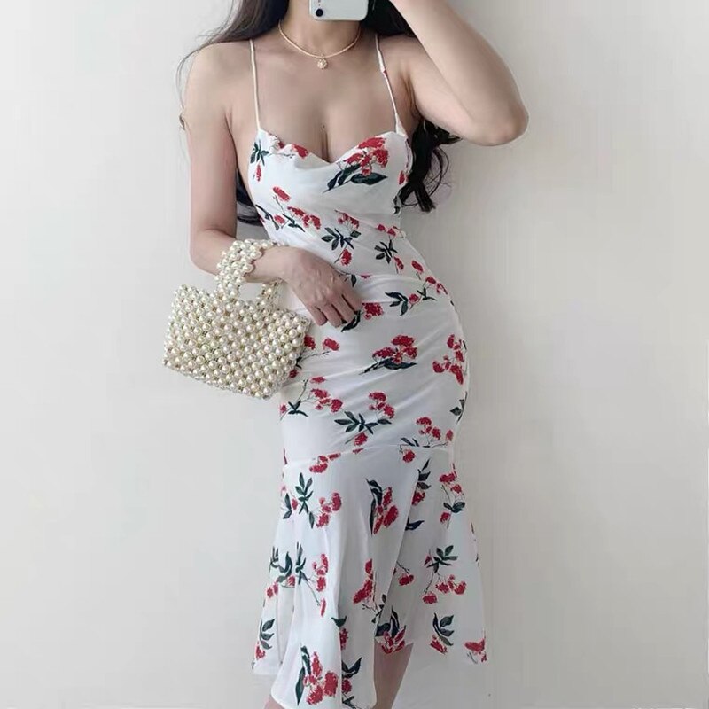 Summer Floral Dress 2022 Sexy Cutout Cut Out White Flounced Edge Off The Shoulder Backless Dress Prom Midi Strap Ladies Dresses