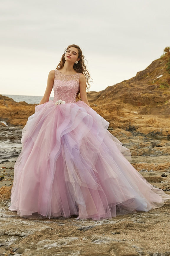 O-neck Prom Dress Layered Lush Organza Ball Gown Evening Dress Sequins Applique Princess Dresses Custom Made Wedding Dress Women