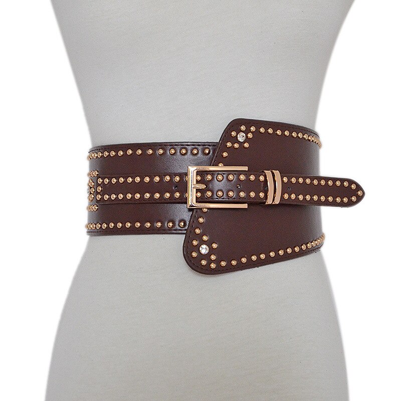 Pu Leather Black Rivet Asymmetrical Elastic Wide Belt Personality Women New Fashion All-match Autumn Winter