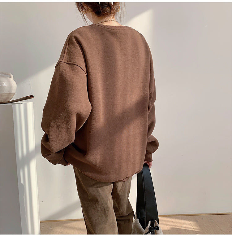 Spring Fleece Thick Sweatshirt Vintage Solid Warm O Neck Pullover Grey Brown Lady New All-match Hooded Autumn Women Coat