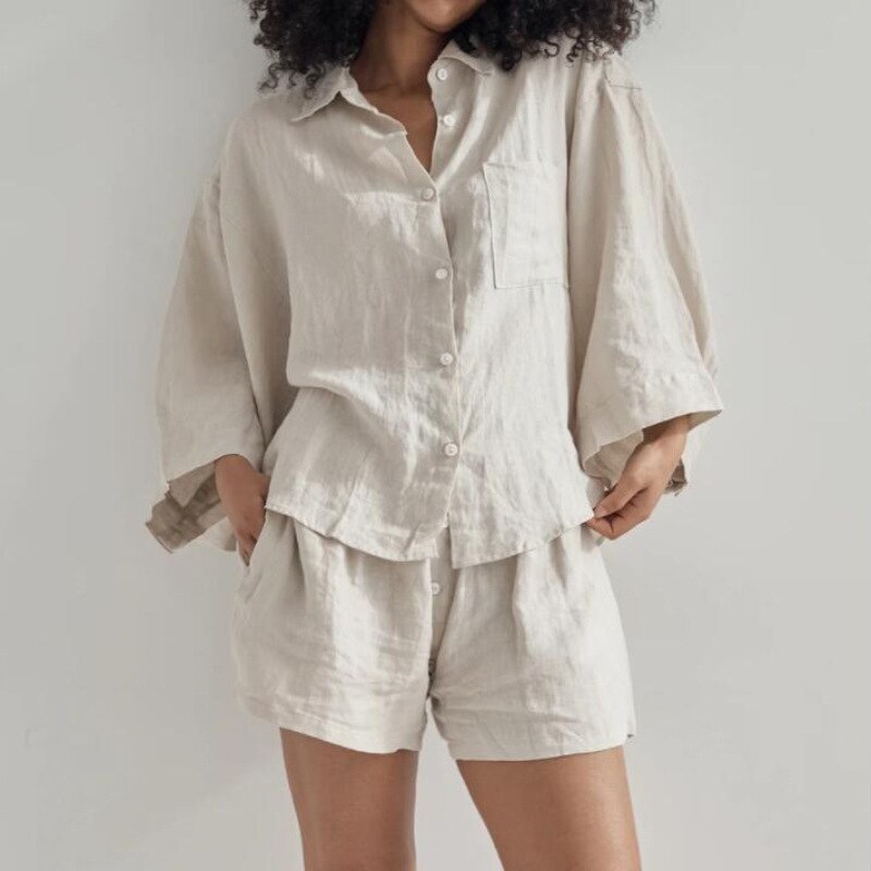 Summer Casual Two-piece Suit 2022 Women's Retro Fashion Shorts Suites Shirt High Waist Loose Bohemian Shorts Women's Suit Top