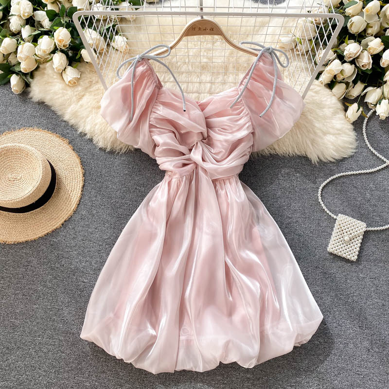 Summer Korean Fashion Elegant Party Fairy Dress Women Japanese Kawaii Sweet Bow Lace-up Mini Dress Puff Sleeve Casual Robe Femme