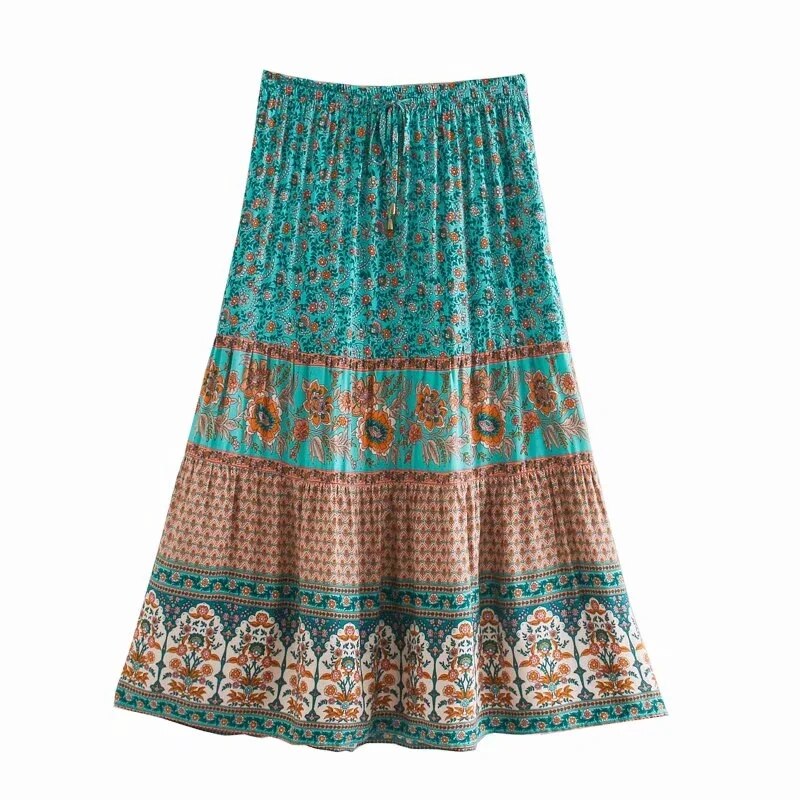 HARVEST GOLD Boho Skirt for Women Floral Print Skirt for Summer Casual Beach Skirt Rayon Holiday Skirts Womens New