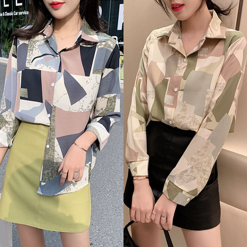 Women Retro Sunflower Print Shirt Oil Painting Print Design Blouse Girl Loose Lapel Tops and Blouses 2021  New