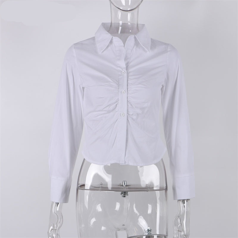 Lizakosht  Autumn White V Neck Long Sleeve T Shirt Vintage Button Up Ruched Fashion Sexy Women Elegant Crop Top Y2K Casual