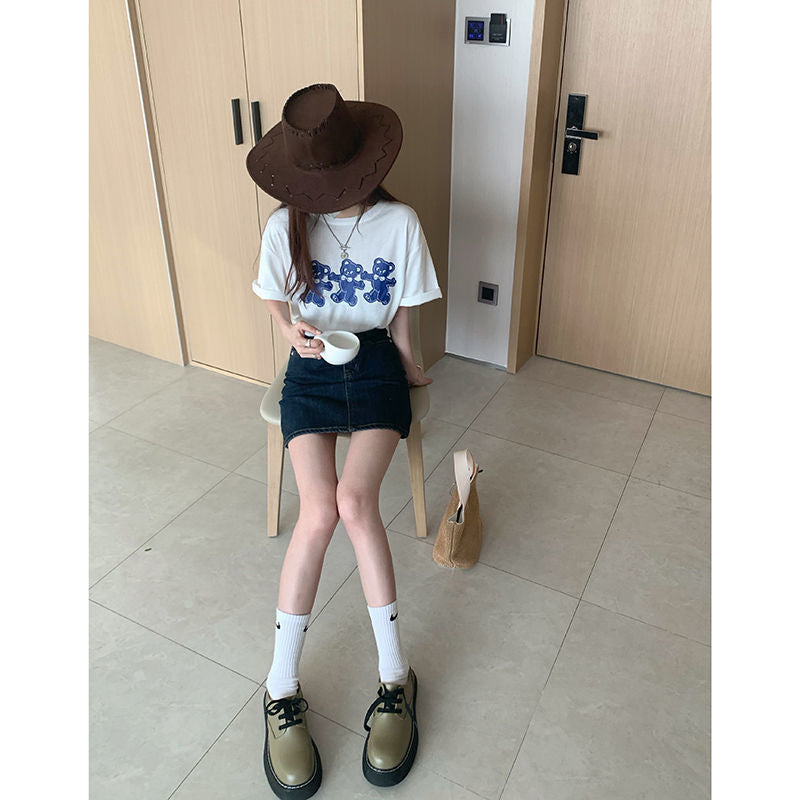 HOUZHOU Vintage Denim Skirt Women High Waisted A-line Mini Skirts Summer Korean Fashion Harajuku Streetwear School Girl Casual