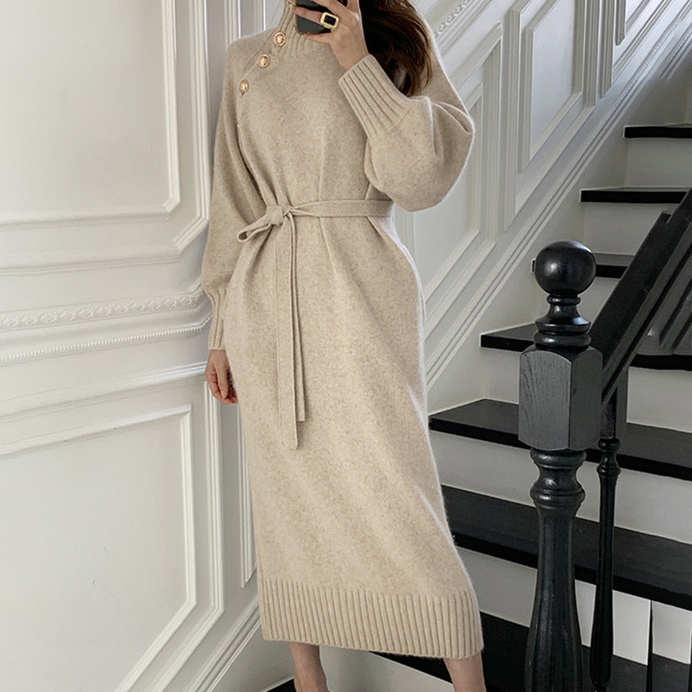 Korean Autumn Winter Retro Button Two-wear Sweater Dress Waist Knitted Dress Women Solid Color Fashion Turtleneck Long Sleeve