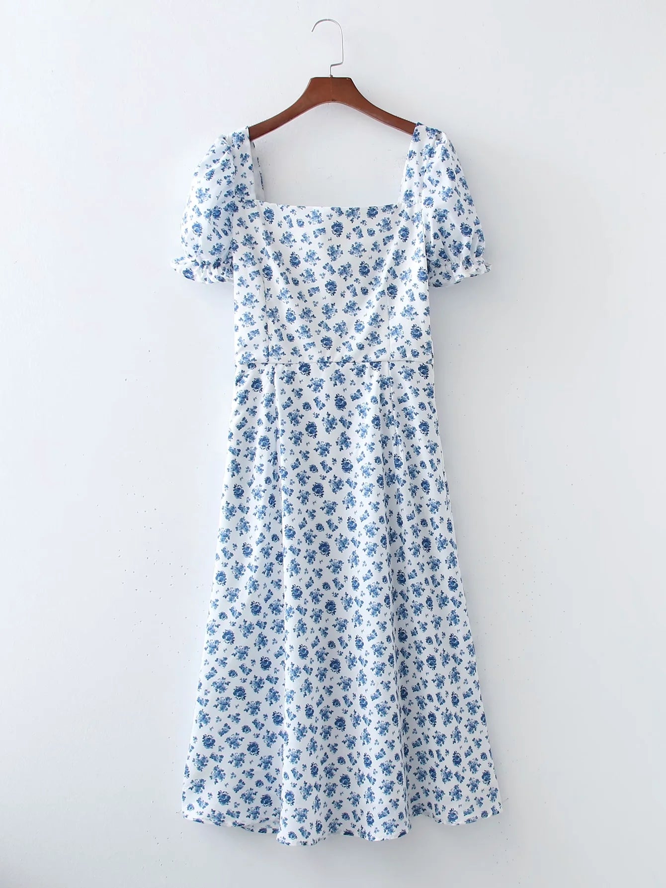 Lizakosht  Floral Print Summer Dress Women Boho Slit Maxi Long Dress Vintage Beach Dress Puff Sleeve A-line Blue Sundress