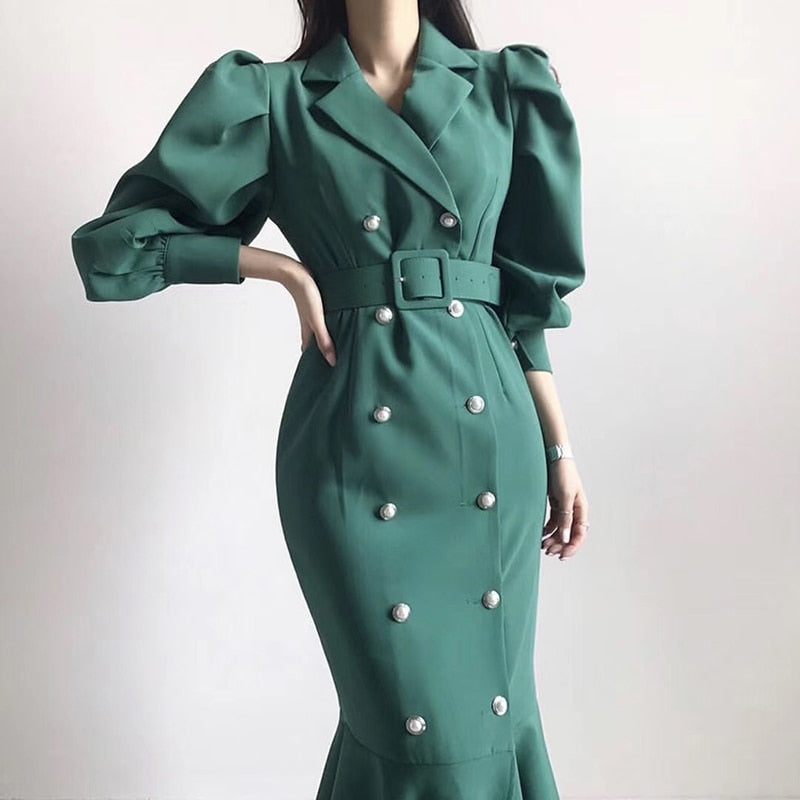 Pinkou Women Chic Mermaid Dress Bow Tie Belt Trumpet Shape Long Sleeve Double Breasted Ins Hot Female Midi Dresses QA35