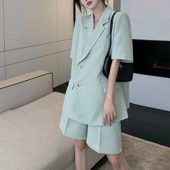 Fashion Office Lady Blazers Short Suit  2 Pieces Casual Women Summer Female Jacket Outfit Set