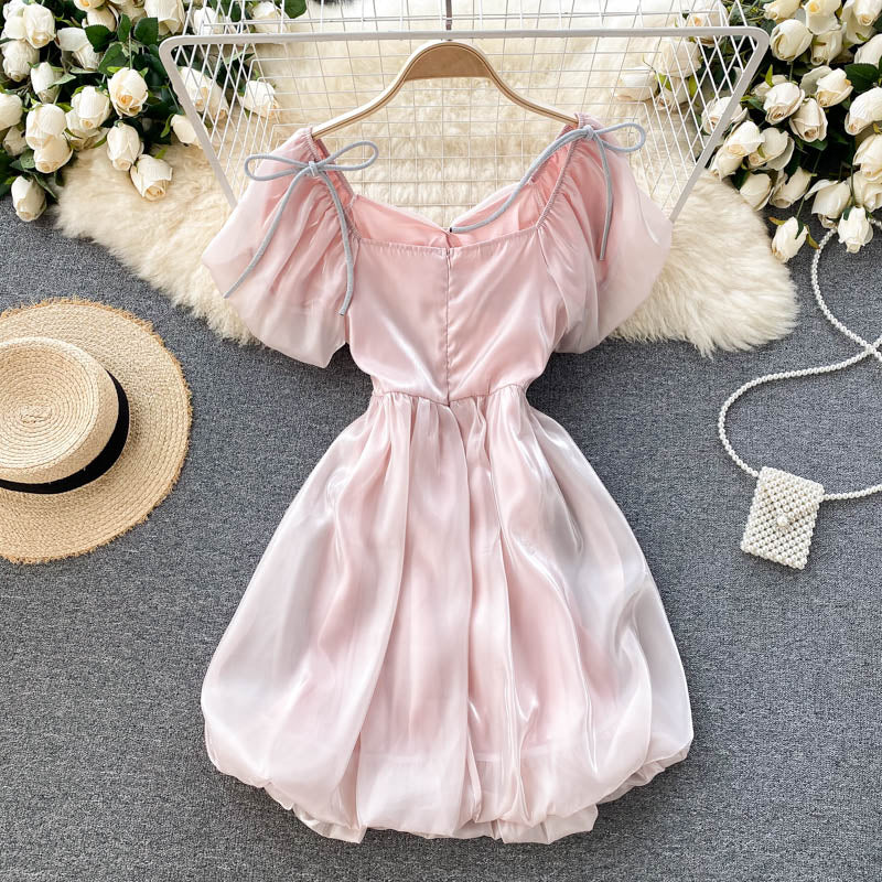 Summer Korean Fashion Elegant Party Fairy Dress Women Japanese Kawaii Sweet Bow Lace-up Mini Dress Puff Sleeve Casual Robe Femme