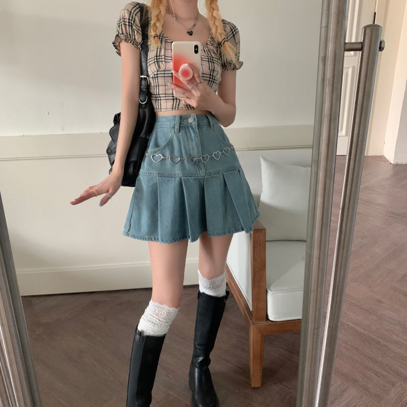 Casual Denim Mini Skirt Women Summer High-Waiste Harajuku Y2k Pleated Skirt Blue Japanese Korean Style Fashion Clothing New