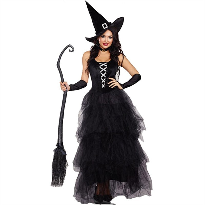 Lizakosht Adult Halloween Witch Sexy Sleeveless Costumes Black for Women Fantasy Witch Role Cosplay Carnival Party Dress Performance Skirt