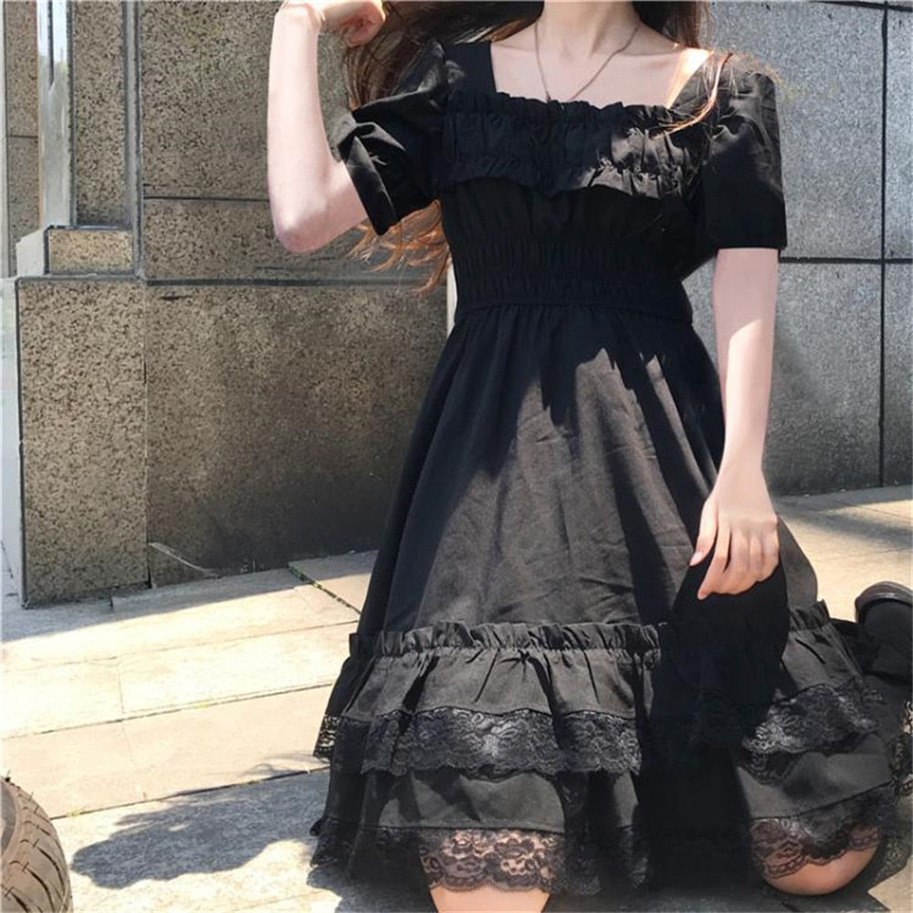 Gothic Lolita Alt Mini Dress Black Kawaii Princess Vestidos E Girl Ropa Fairycore Cute Lace Ruffles Sundress Party Dresses