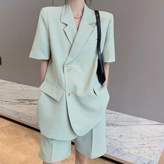 Fashion Office Lady Blazers Short Suit  2 Pieces Casual Women Summer Female Jacket Outfit Set