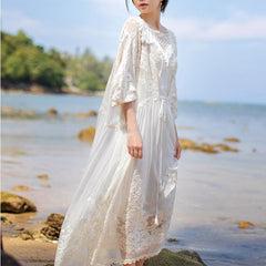 Luxury Embroidered Lace White Boho Beach Summer Dress Fringe Tassel Novelty Loose Long Maxi Dresses for Women 2022 Lined