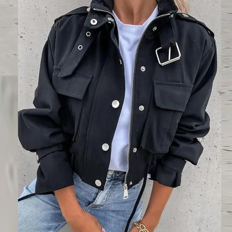 Lizakosht  Women Casual Stand Neck Solid Buckle Coat Fashion Street Style Outwear Elegant Single Breasted Short Coat Autumn Winter Jackets