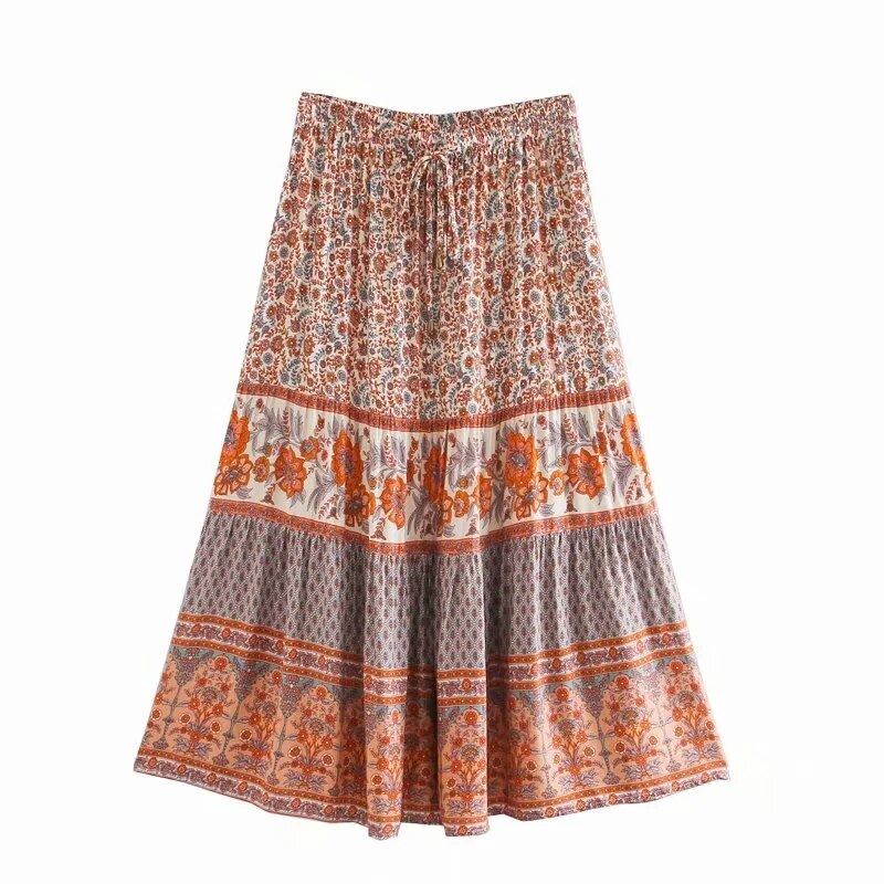 HARVEST GOLD Boho Skirt for Women Floral Print Skirt for Summer Casual Beach Skirt Rayon Holiday Skirts Womens New