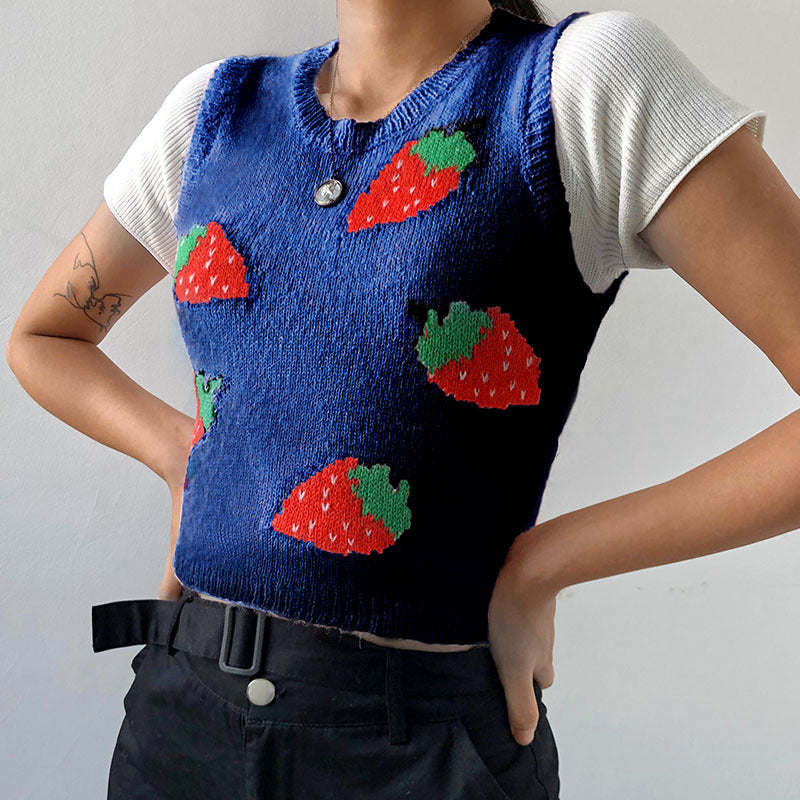 Tossy Summer Fashion Strawberry Sweater Knitted Vest For Women Y2K Korean Preppy-Style Sleeveless Top Casual Tank Top 2022 New