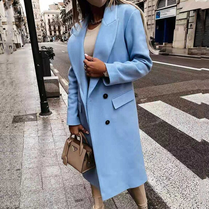 Lizakosht  Autumn Winter Women Solid Casual Long Coat Elegant Lapel OL Commuter Blazer Fashion Single Breasted Lined Pocket Slim Outerwear