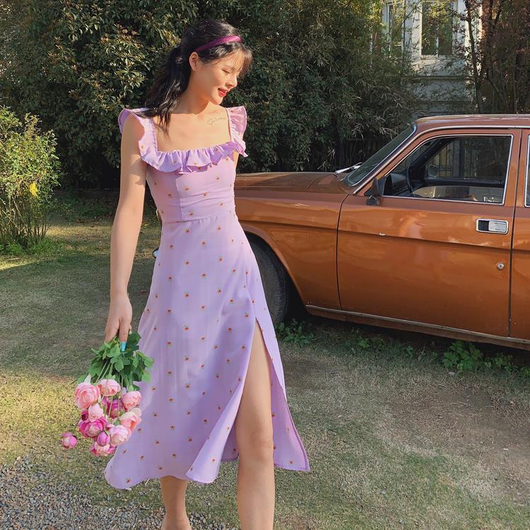 Floral French Dress Elegant Women Summer Strapless Vintage Split Long Purple Dress Print Chic Retro Sweet Boho Dress Vestidos