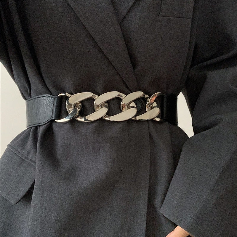 Fashion Punk Women Elastic Wide Belts PU Leather Thick Chain Waist Strap Dress Coat Sweater Lady Decorative Waistband