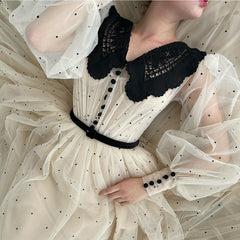 UZN New Arrival Champagne V-Neck Long Puff Sleeves Dot Tulle Prom Dress Elegant A-Line Tea Length Evening Dress Plus Size