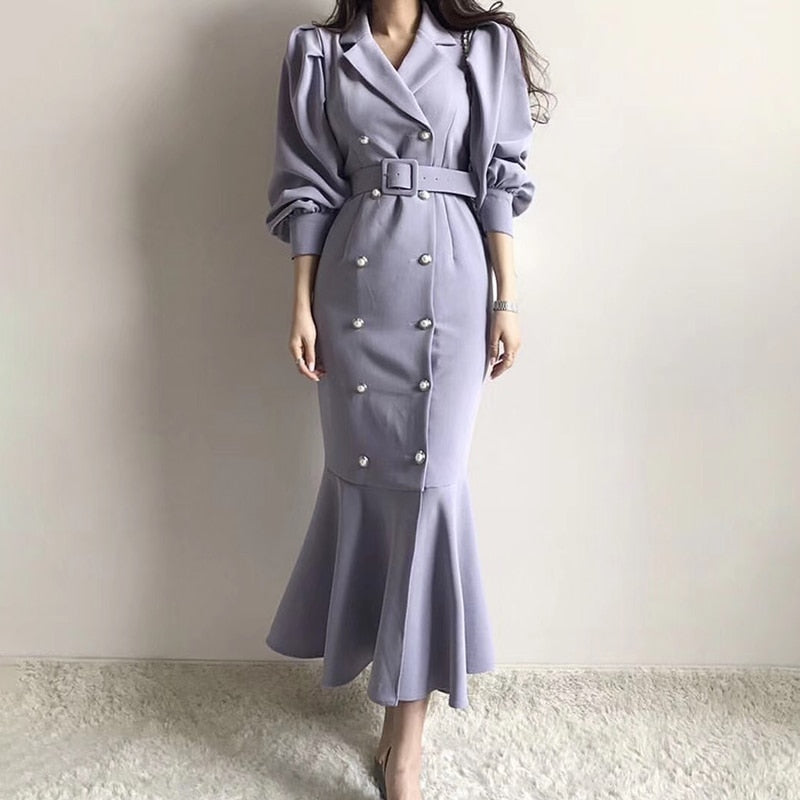 Pinkou Women Chic Mermaid Dress Bow Tie Belt Trumpet Shape Long Sleeve Double Breasted Ins Hot Female Midi Dresses QA35