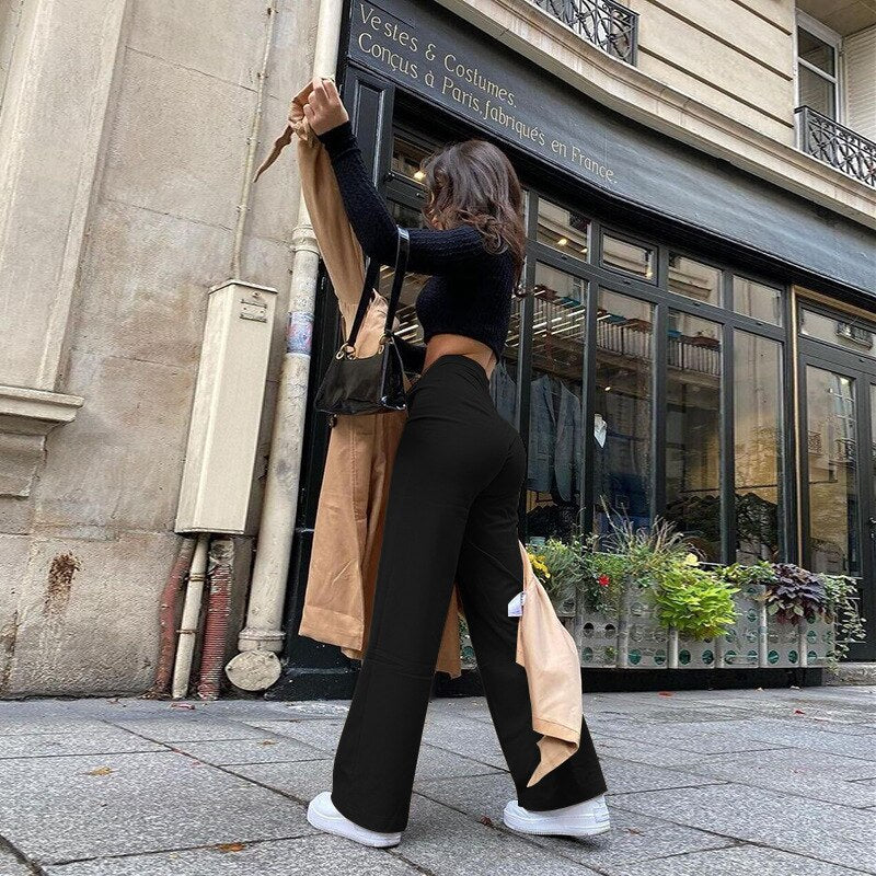 High Waist Solid Zip Up Botton Wide Leg Pants Spring jeans Women Fashion  Streetwear Casual Trousers Office Lady Sexy Slim