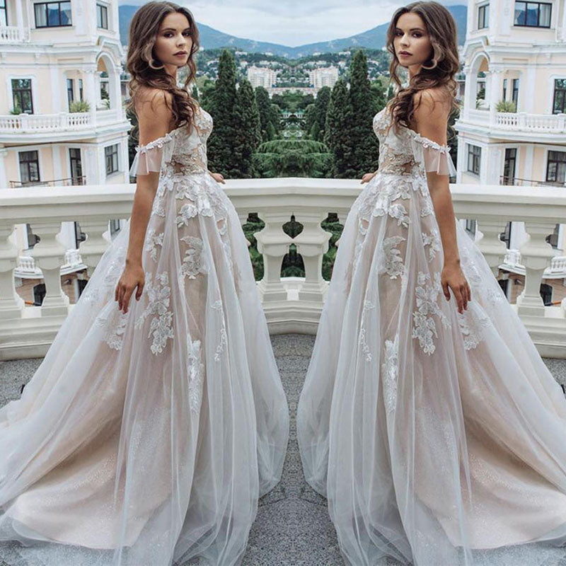 Rose Moda Off Shoulder Lace Boho Wedding Dress Custom Make Gilltering Lace Wedding Dresses