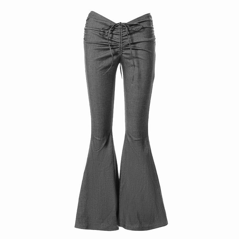 New Y2K Low Waist Flare Pants Women Drawstring Ruched uffed sexy Long Trousers Elastic Casual Streetwear Fashion Bandage Bottom