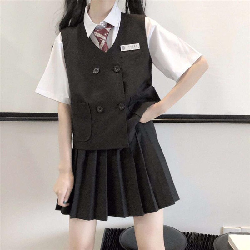 Lizakosht  Summer Suit Kawaii Women Student Japanese College Style White Shirt + Vest Vest + Pleated Skirt Three-Piece Trend Free Tie