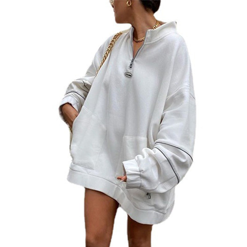 Drop-shoulder White Women Sweatshirts Streetwear Half High Collar Long Sleeve Pullover Female Loose 2022 Autumn Pocket Top Woman