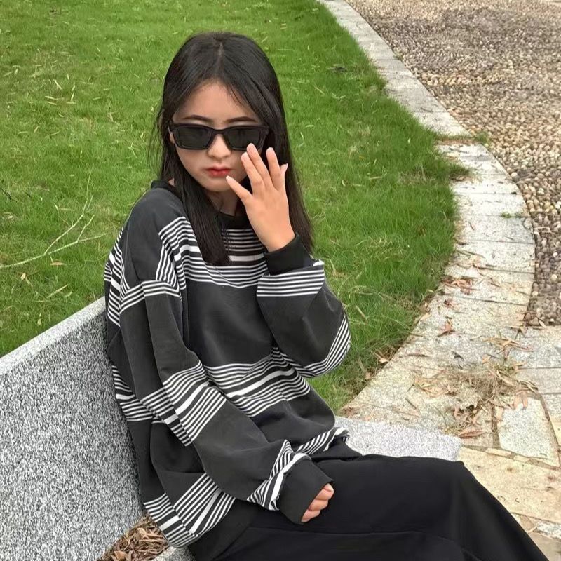 New vintage shirts unisex punk striped sweatshirt women's spring autumn aesthetic niche high street top hip hop streetwear