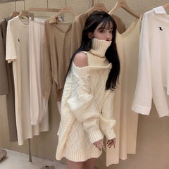 Sweater Women Design Sense High Neck Pullover Off-shoulder Knitted Sweater Women's Outer Wear Autumn And Winter Loose Wild Long