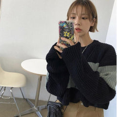 New Style Women Sweaters Pullovers Short Patchwork Jumpers Retro women Sexy Loose Soft All-match Knitted Streetwear Sweet Fit